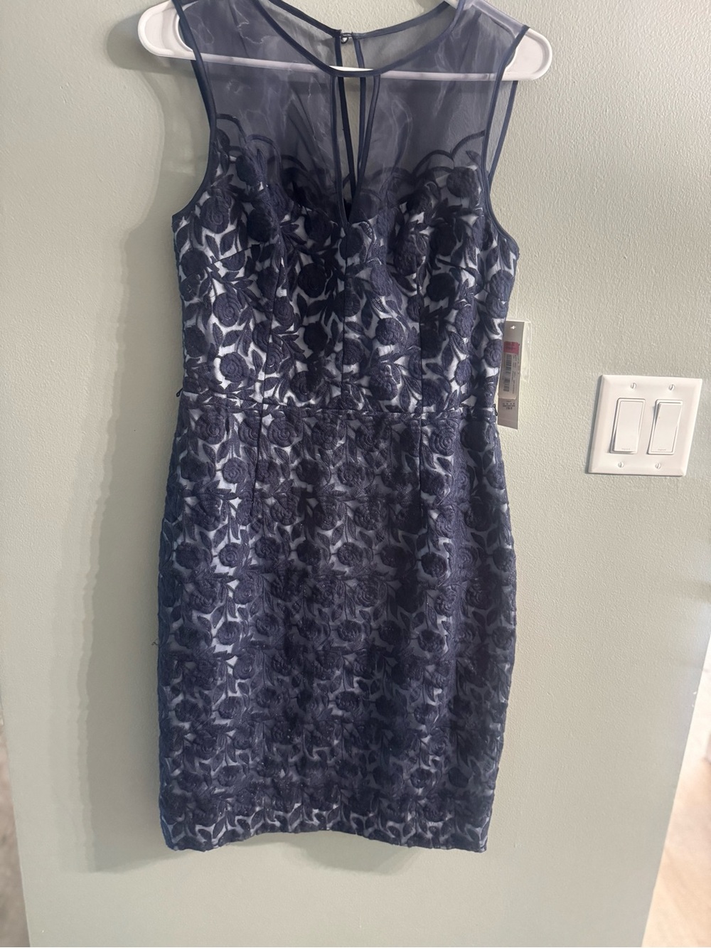 Maggy London Navy Floral Lace Midi Sheath Dress